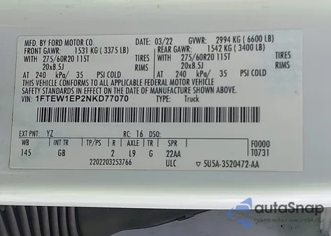 2022 Ford F-150 Xl из США, поврежденный, VIN 1FTEW1EP2NKD77070